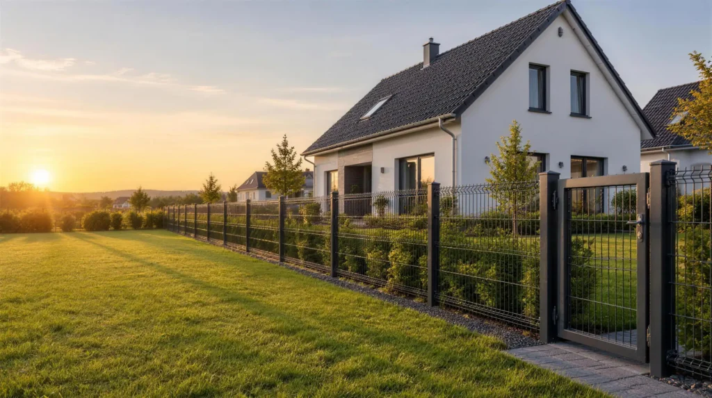 Einfamilienhaus mit neuem Doppelstabmattenzaun in Anthrazit